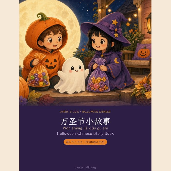 Halloween Chinese Story Book 万圣节小故事 K-5 Mandarin cover, a girl and a cat with a pumpkin