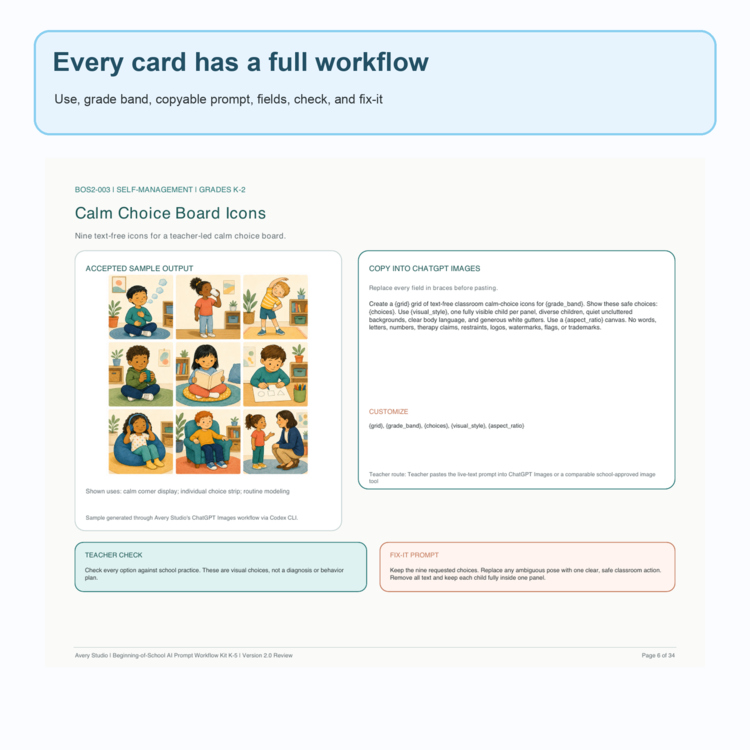 Sample page: Calm Choice Board Icons card showing use, grade band, copyable prompt, fields, teacher check, and fix-it prompt