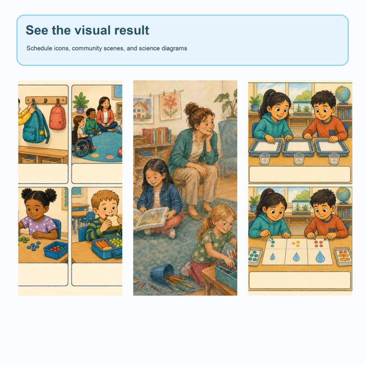 Sample accepted outputs: schedule icons, a classroom community scene, and science diagrams