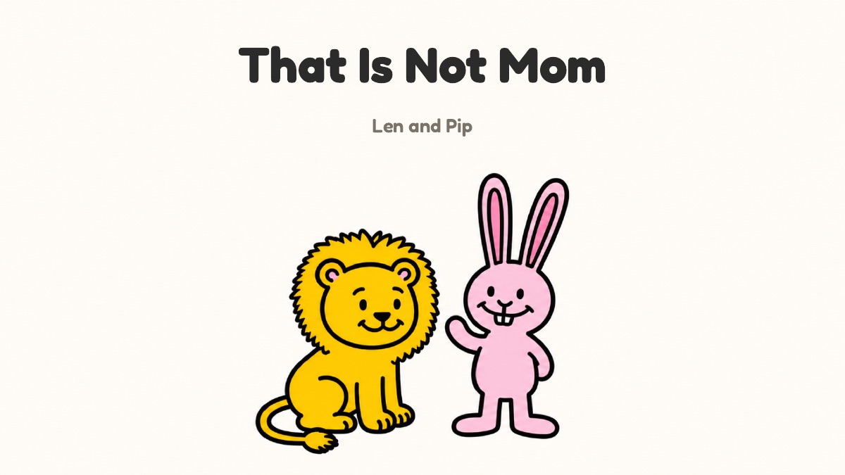 That Is Not Mom cover: Len, a yellow painted lion, sitting beside Pip, a pink painted rabbit waving, on cream paper