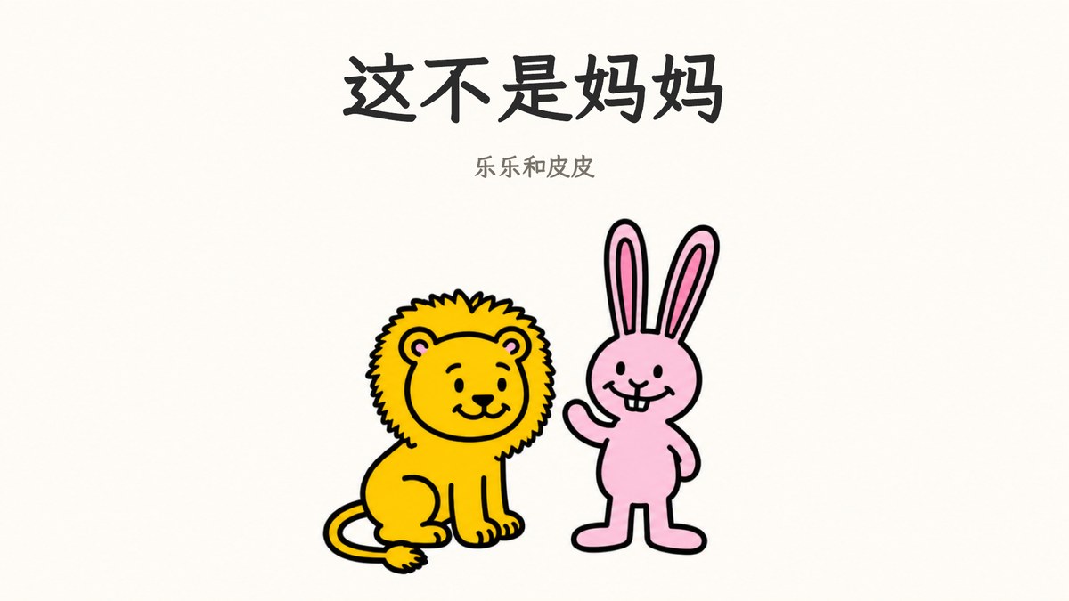这不是妈妈 cover: Len, a yellow painted lion, beside Pip, a pink painted rabbit waving, under a Chinese title on cream paper