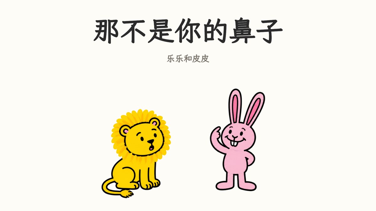 那不是你的鼻子 cover: Len, a yellow painted lion, beside Pip, a pink painted rabbit touching his face, under a Chinese title on cream paper